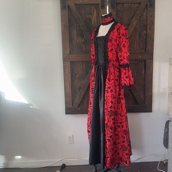 Victorian Dress Red Bow Floral Print Square Neckline Long Sleeves Matte - Picture 7 of 16